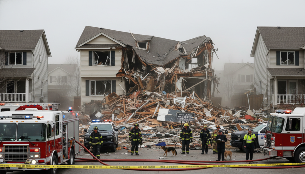 Aftermath of a gas leak explosion showing property damage