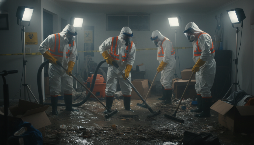 Biohazard team cleaning up after a sewer backup emergency