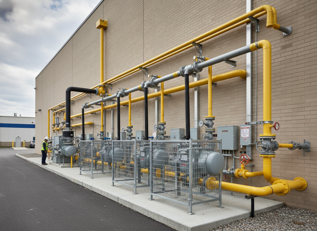 Commercial gas line system with multiple meters and connections