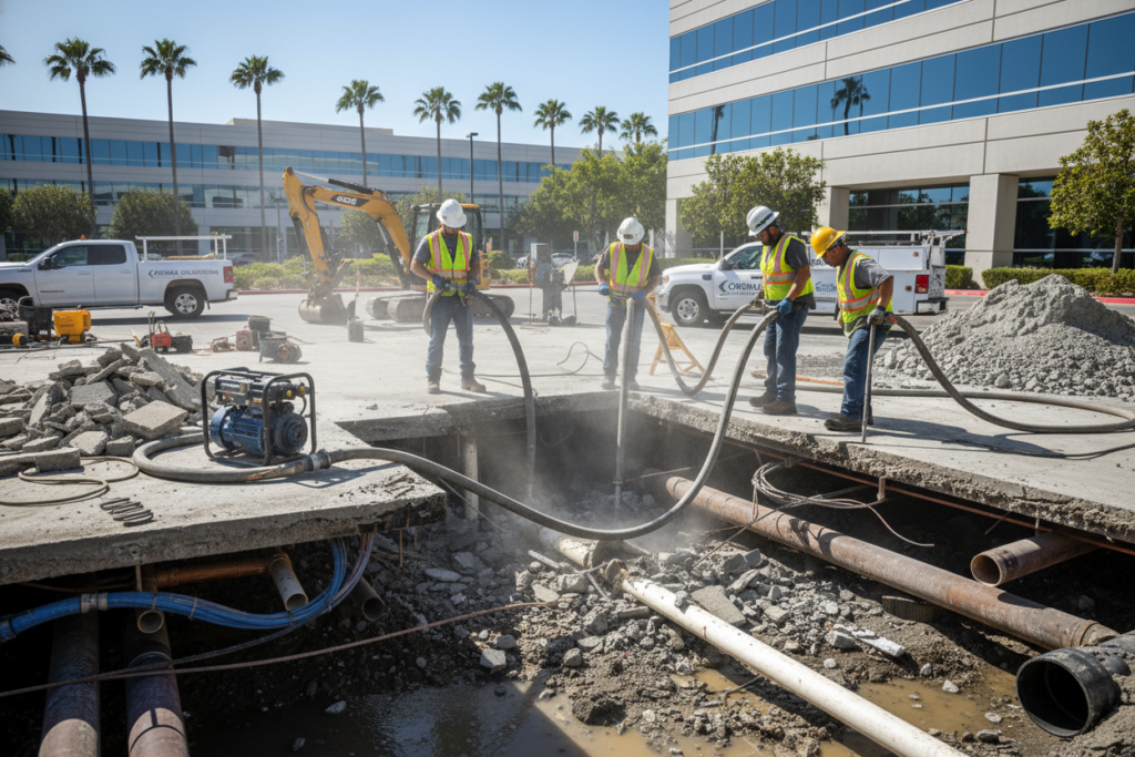 Commercial plumbing team repairing a major slab leak at a Corona business complex Commercial plumbing team repairing a major slab leak at a Corona business complex