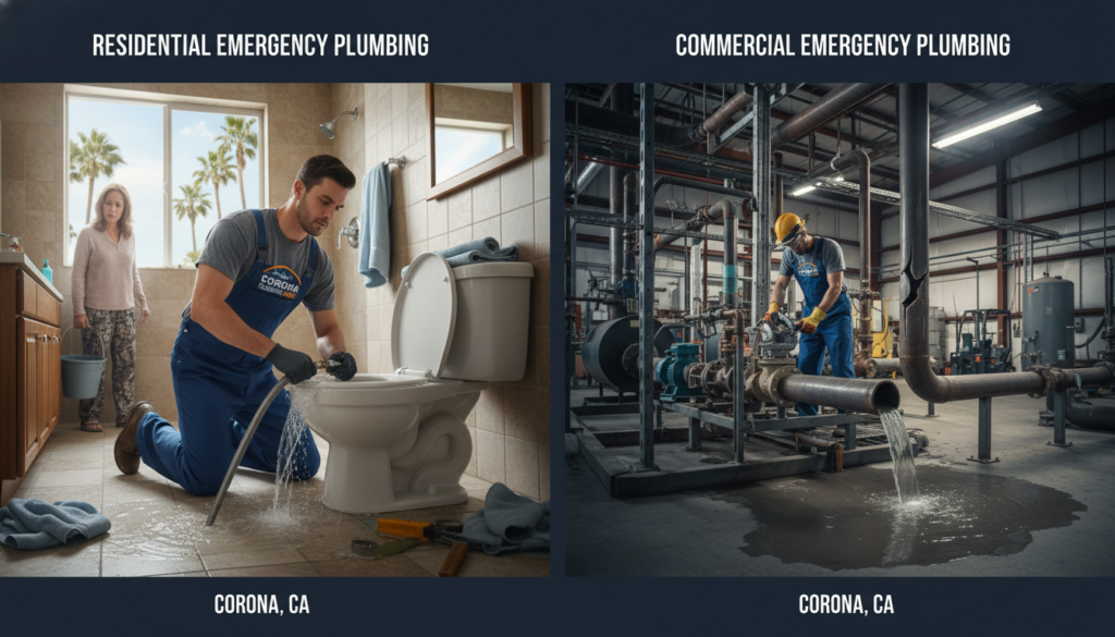 Comparison of residential and commercial emergency plumbing in Corona CA