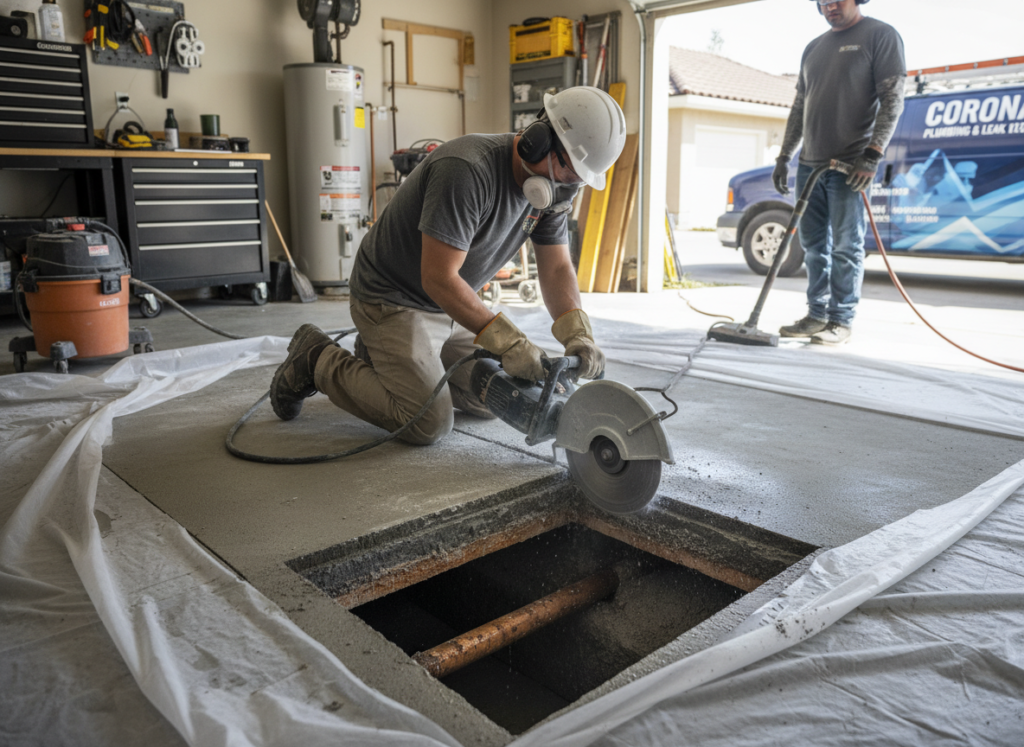Concrete cutting being performed to access a slab leak in a Corona residence Concrete cutting being performed to access a slab leak in a Corona residence