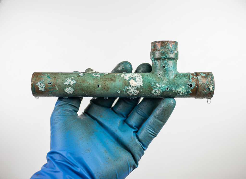 Corroded copper pipe showing pinhole leaks caused by hard water in Southern California