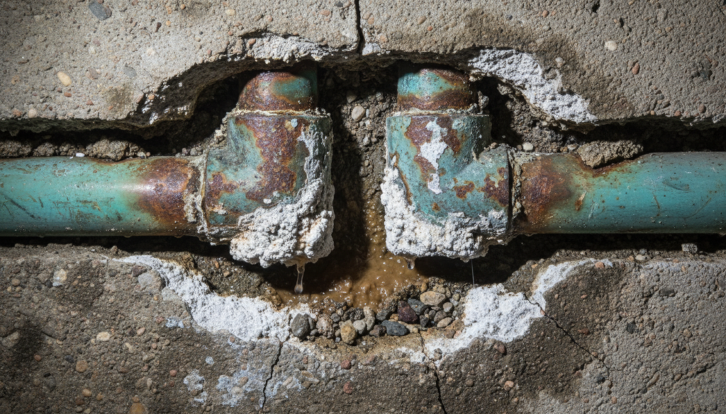 Corroded pipes under a slab foundation showing gradual deterioration that typically isn't covered by homeowners insurance