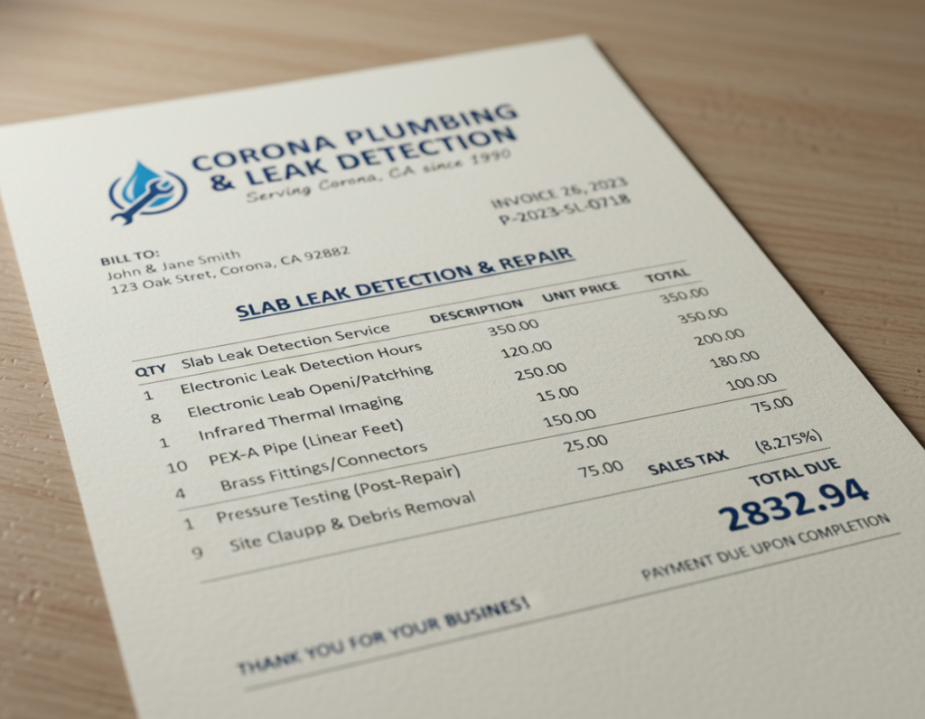 Detailed invoice showing breakdown of slab leak detection and repair costs in Corona Detailed invoice showing breakdown of slab leak detection and repair costs in Corona