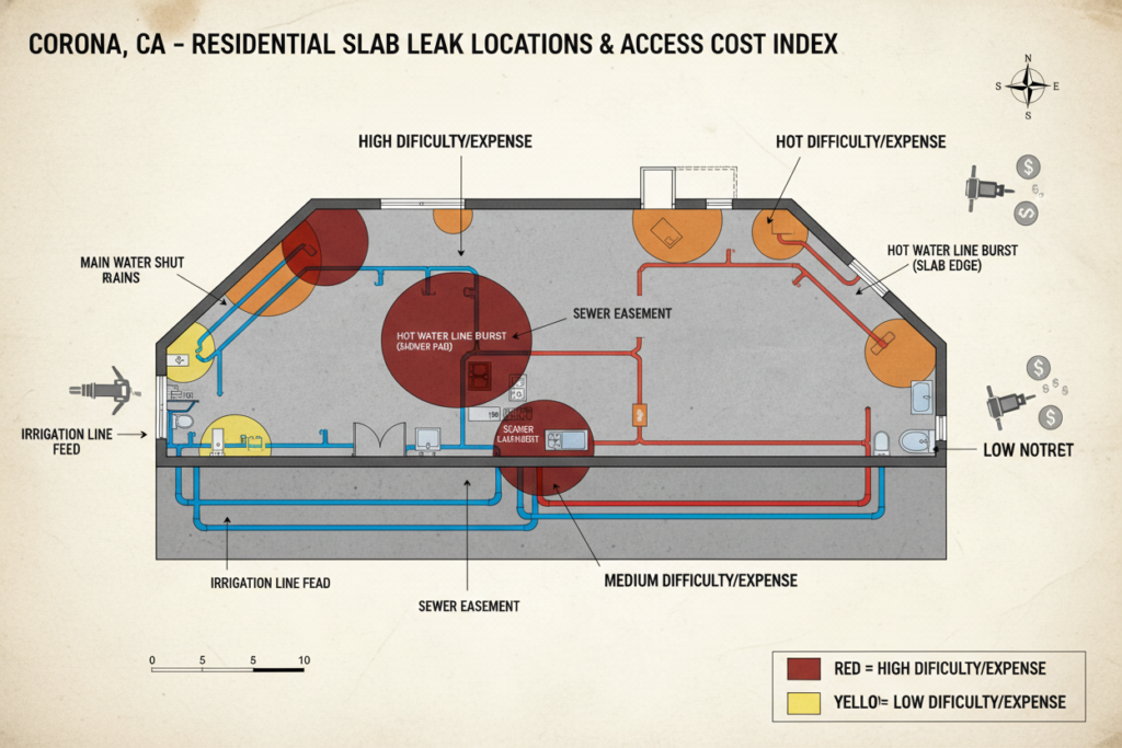 Diagram showing different leak locations under a concrete slab foundation in a Corona home Diagram showing different leak locations under a concrete slab foundation in a Corona home