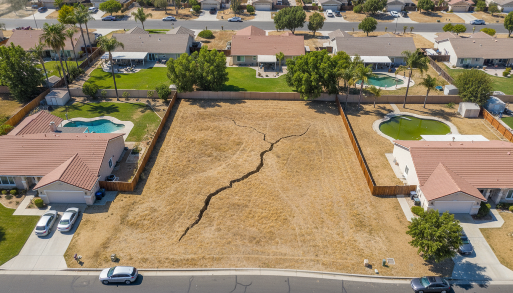 Drought conditions in Southern California showing dry, cracked soil that contributes to foundation movement and slab leaks