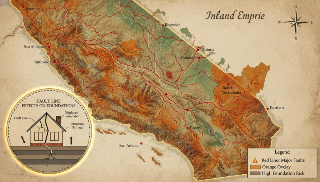 Earthquake fault line map of Southern California showing high-risk areas for slab leaks