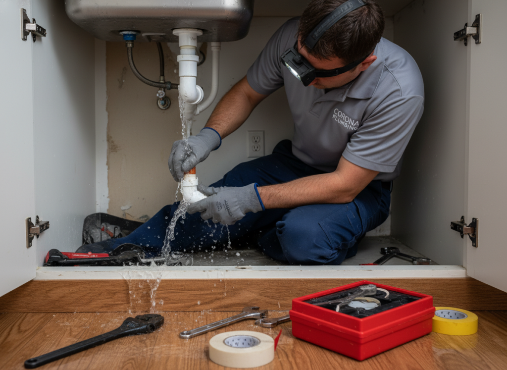 Emergency plumber fixing water leak in Corona CA