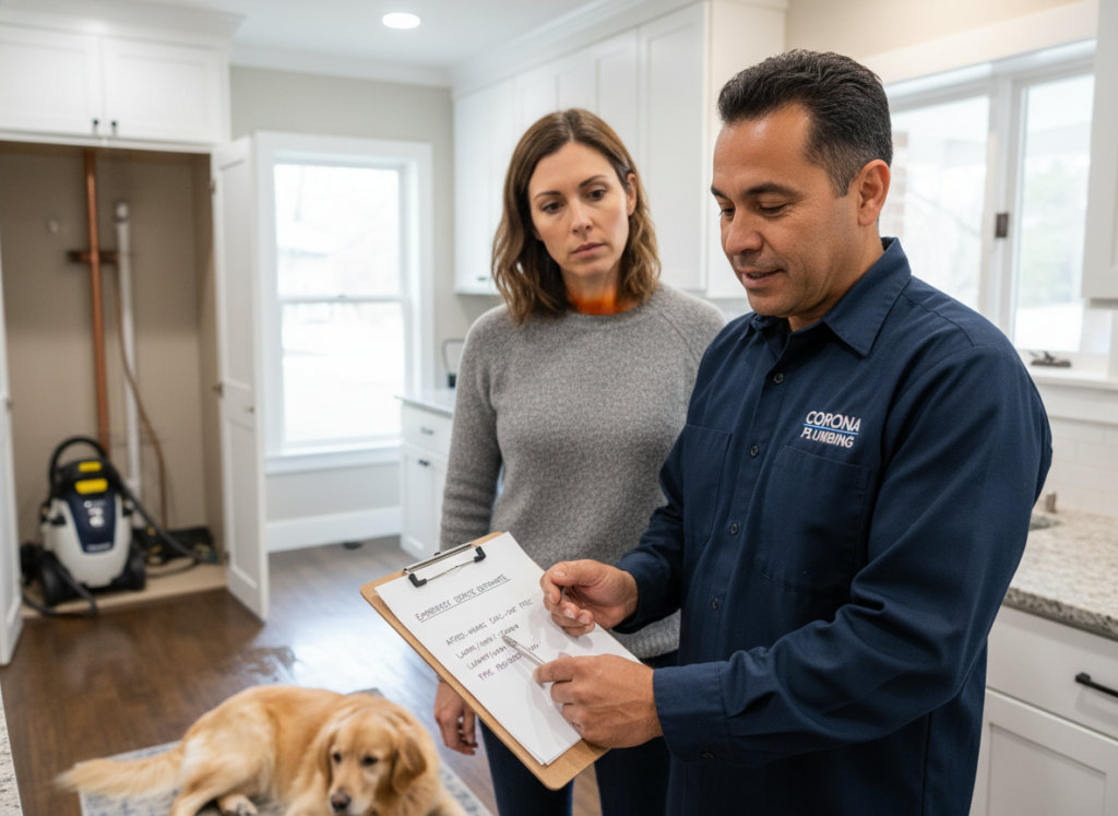 Emergency plumber providing estimate in Corona CA