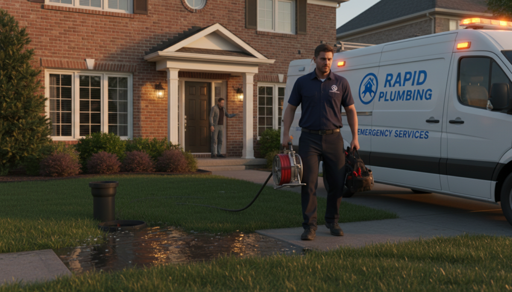 Emergency plumber responding to a severe sewer backup emergency