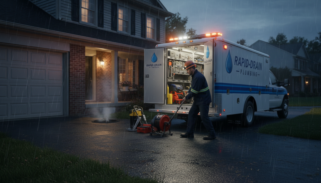 Emergency plumbing service truck arriving for urgent sewer line repair in Corona CA