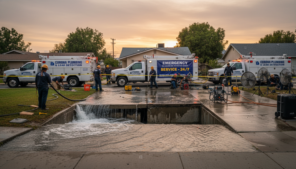 Emergency plumbing team responding to a severe slab leak in Corona Emergency plumbing team responding to a severe slab leak in Corona
