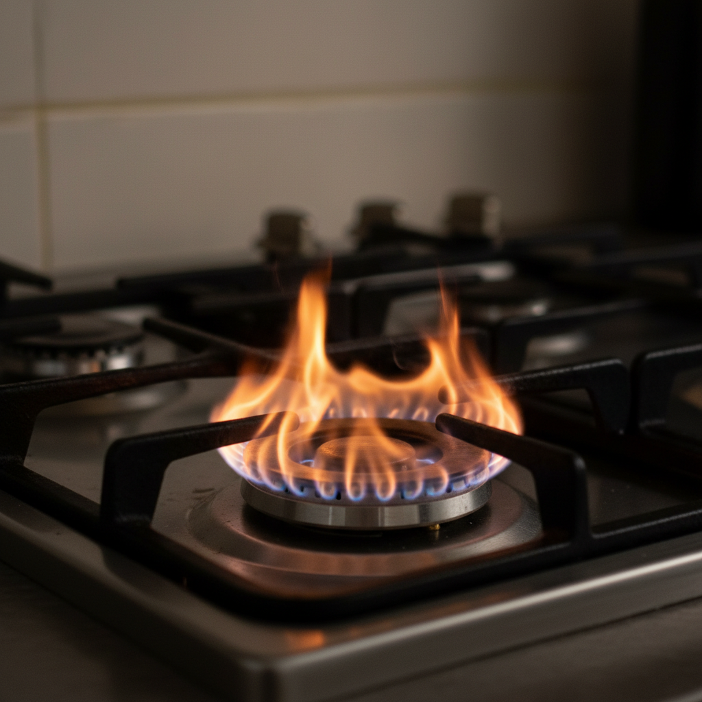 Gas stove with abnormal yellow flame indicating potential gas leak