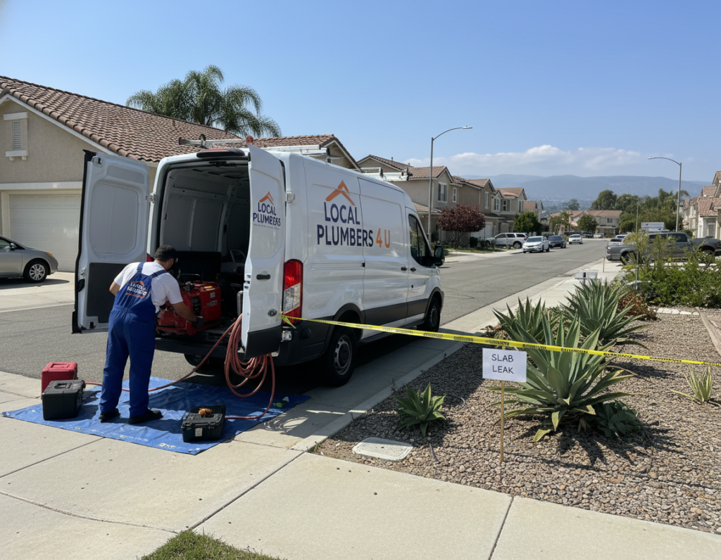 Local Plumbers 4 U service vehicle responding to a slab leak call in Corona Local Plumbers 4 U service vehicle responding to a slab leak call in Corona