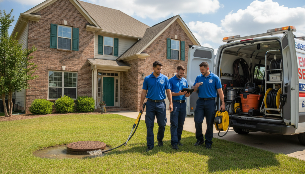 Local Plumbers 4 U team responding to a sewer backup emergency