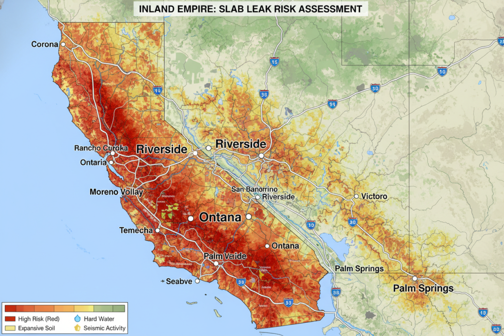 Map of the Inland Empire region highlighting areas with high slab leak risk due to soil conditions