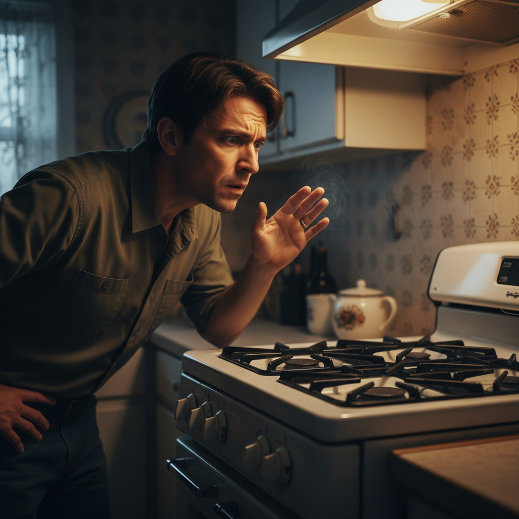 Person detecting the smell of gas in a kitchen near a stove