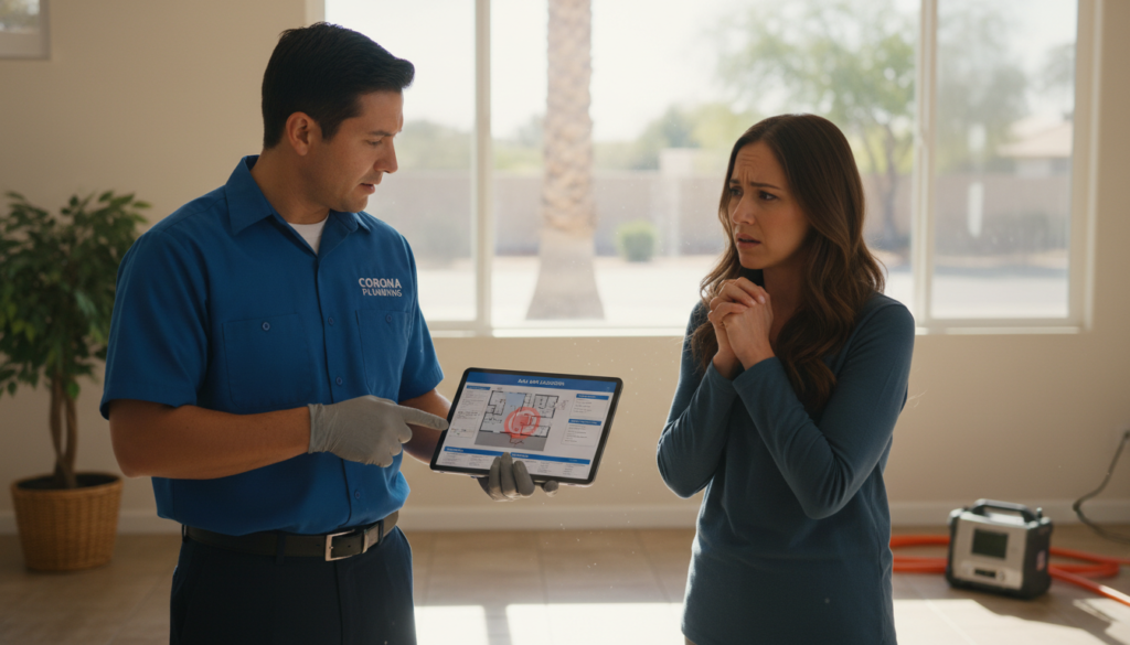 Plumber in Corona explaining slab leak detection results to a homeowner Plumber in Corona explaining slab leak detection results to a homeowner