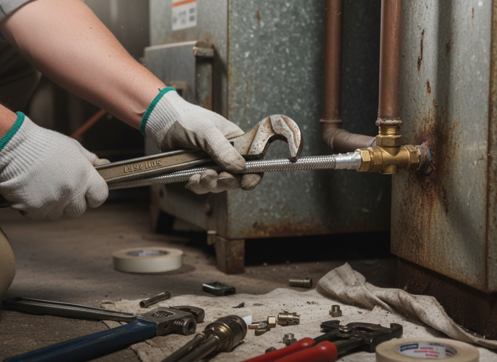 Plumber repairing a gas line connection with professional tools