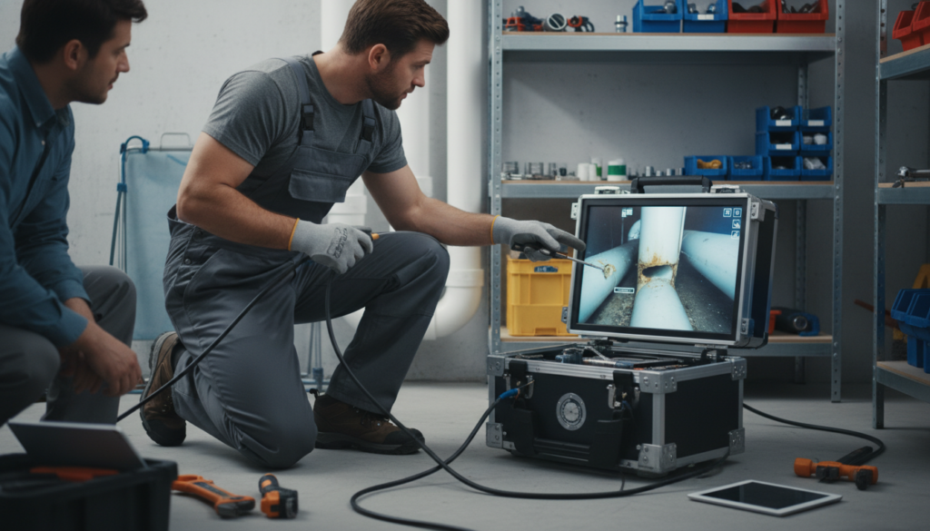 Plumber using camera inspection equipment during a sewer backup emergency Plumber using camera inspection equipment during a sewer backup emergency