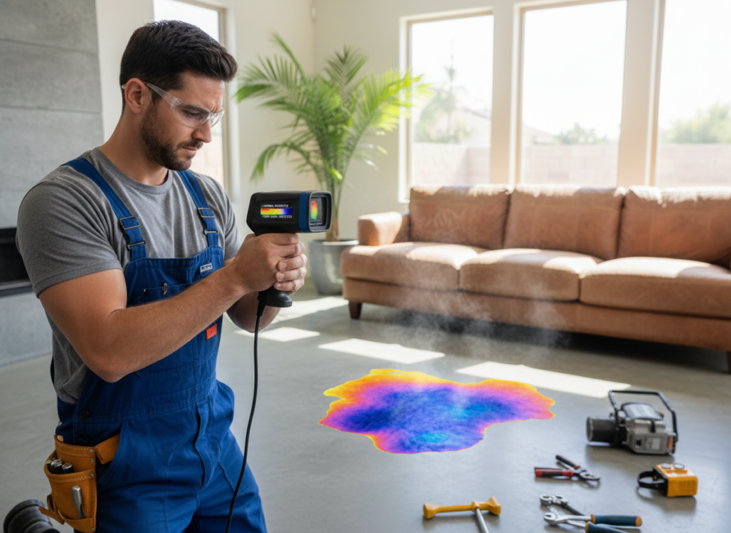 Plumber using thermal imaging camera to detect a slab leak in a Corona property Plumber using thermal imaging camera to detect a slab leak in a Corona property