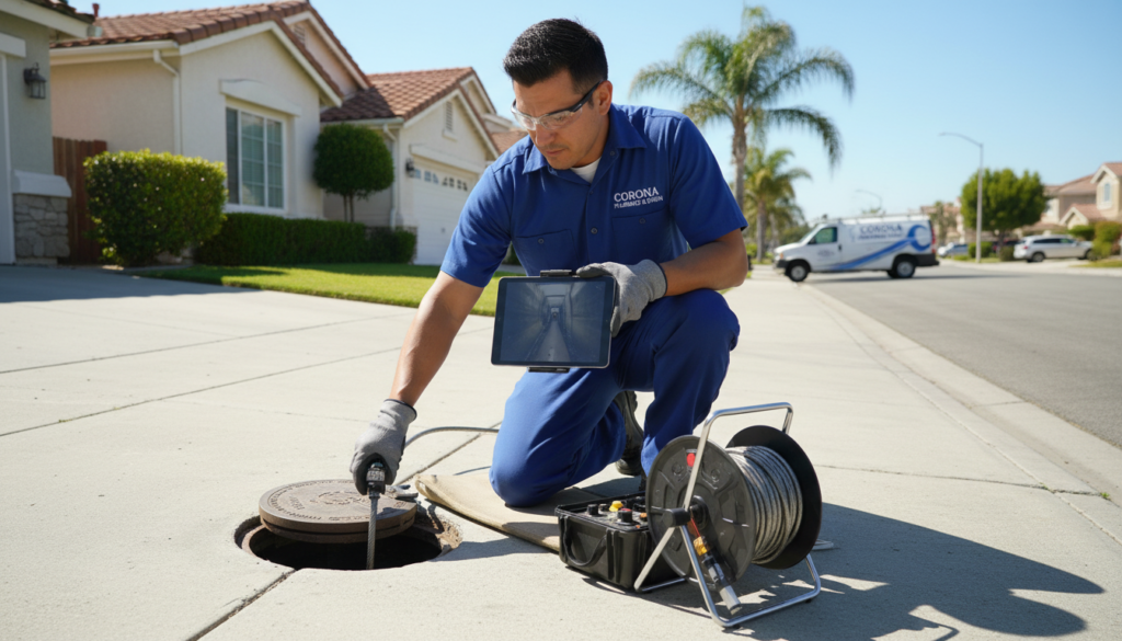 Professional plumber performing sewer and drain repair in Corona CA residential property