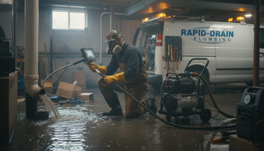 Professional plumber responding to a sewer backup emergency