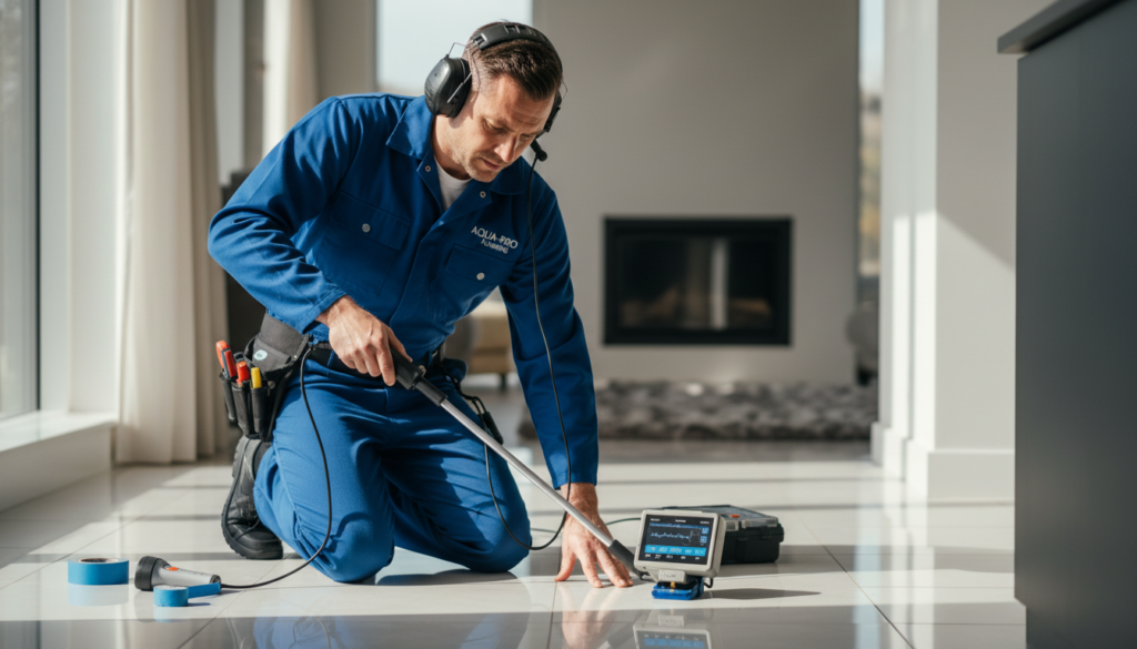 Professional plumber using electronic leak detection equipment on a Southern California home's slab foundation