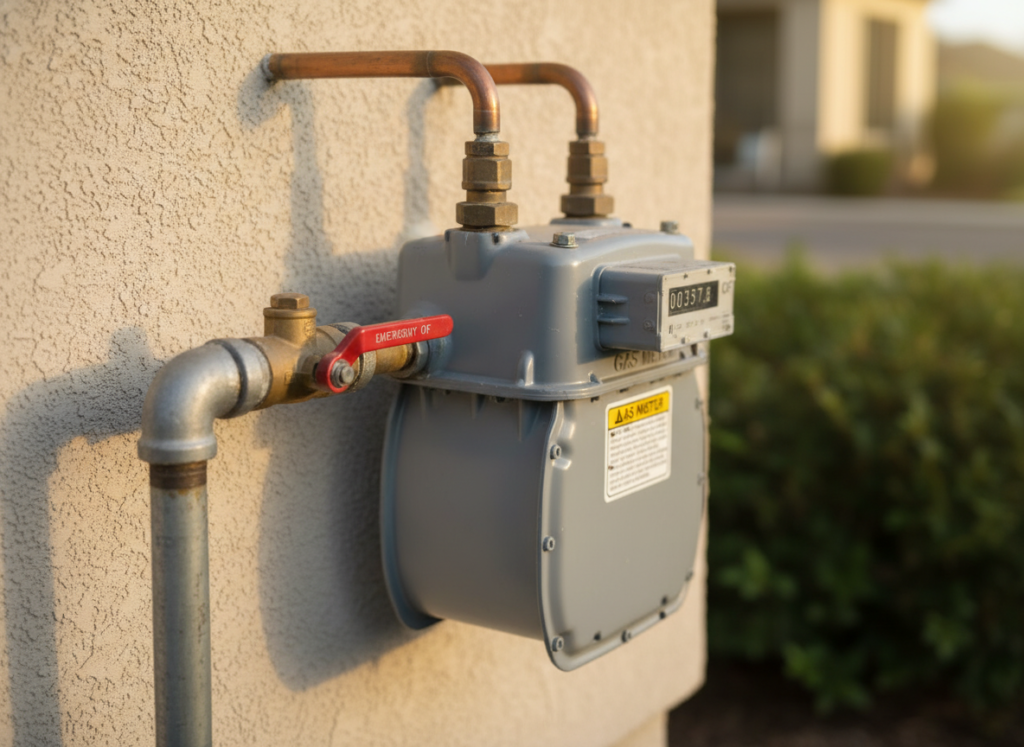 Residential gas meter with emergency shut-off valve