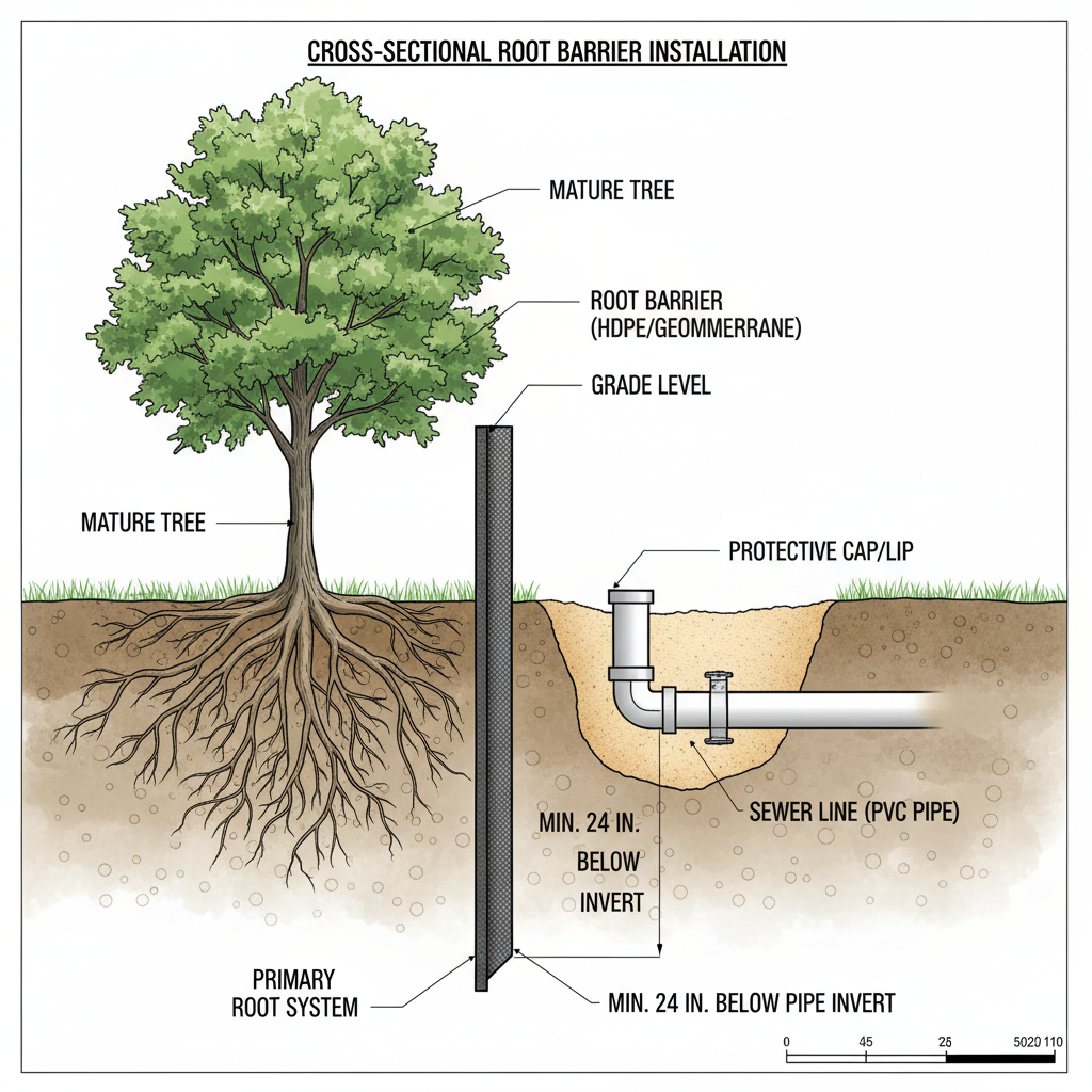 Root barrier installation to prevent sewer backup emergency Root barrier installation to prevent sewer backup emergency