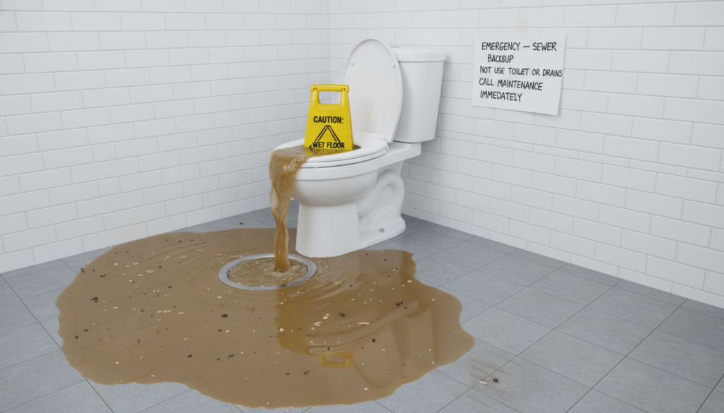Sewer backup emergency flooding a bathroom with contaminated water