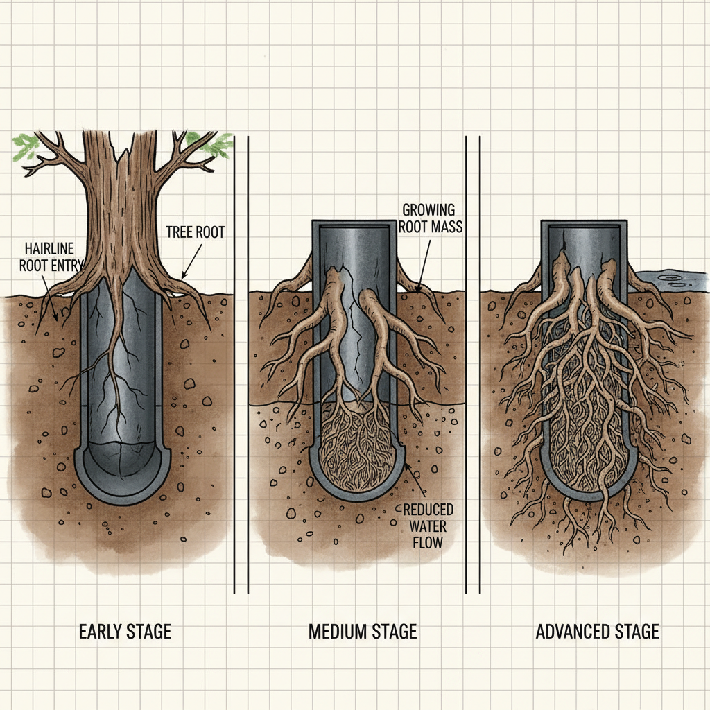 Tree roots breaking into a sewer line causing a sewer backup emergency Tree roots breaking into a sewer line causing a sewer backup emergency