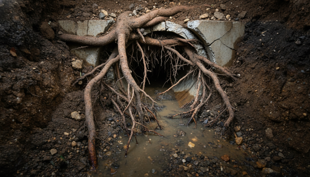 Tree roots infiltrating a sewer pipe causing a sewer backup emergency