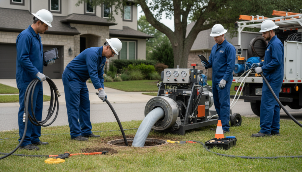 Trenchless sewer line repair being performed during an emergency service