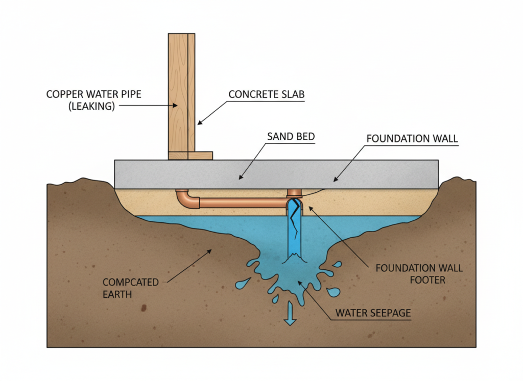Visual representation of a slab leak under a Corona CA home foundation