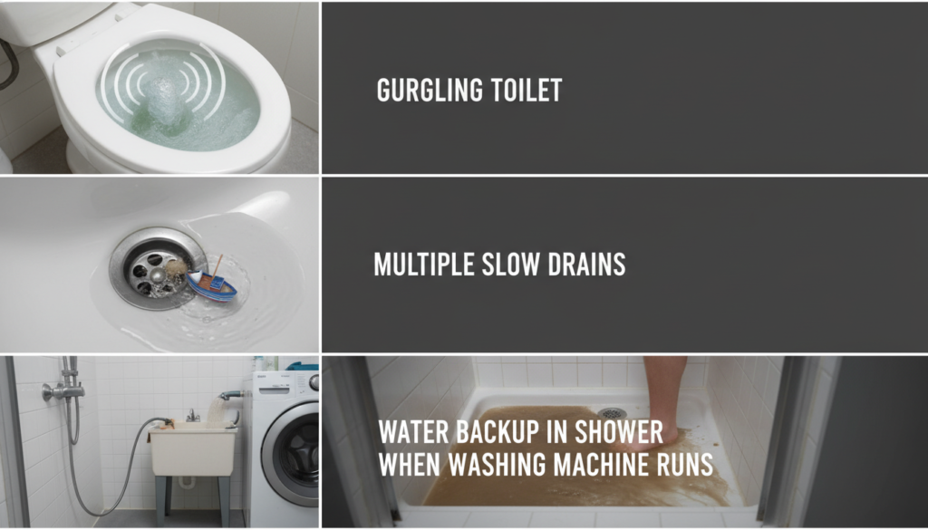 Warning signs of potential sewer backup emergency including gurgling toilets