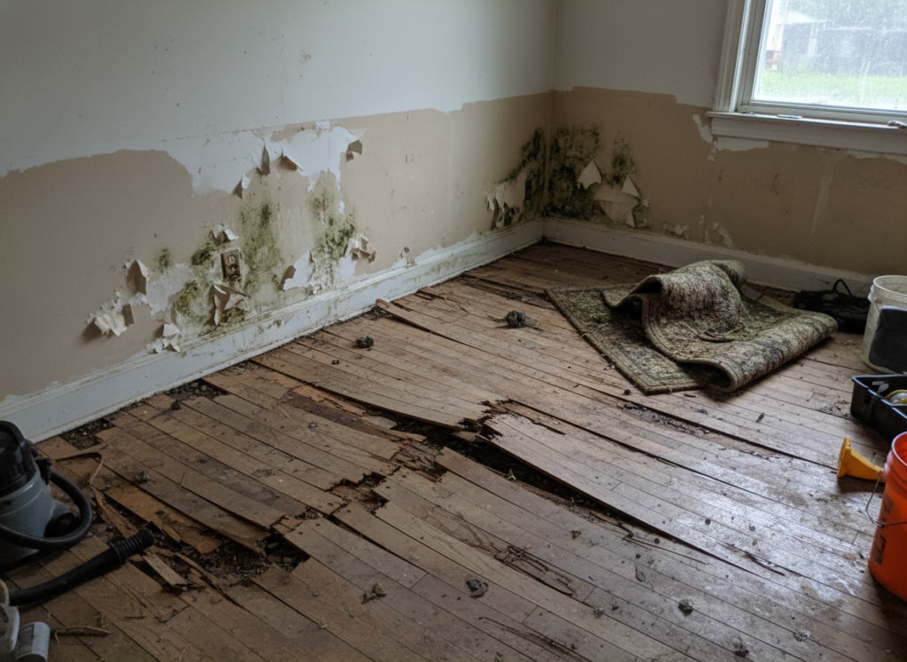 Water damage to flooring and walls from a sewer backup emergency