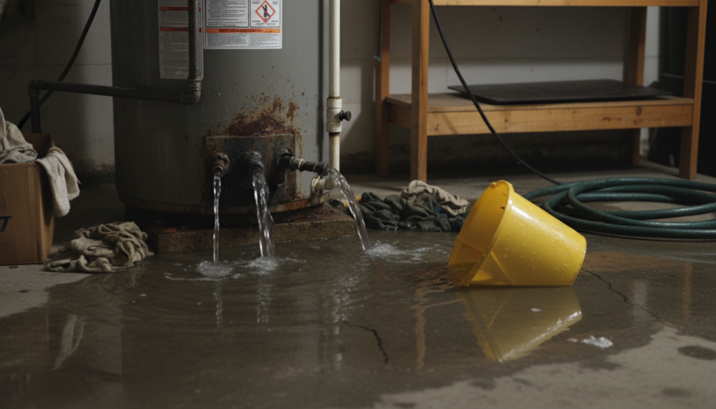 Water heater leaking with visible water damage requiring emergency water heater repair