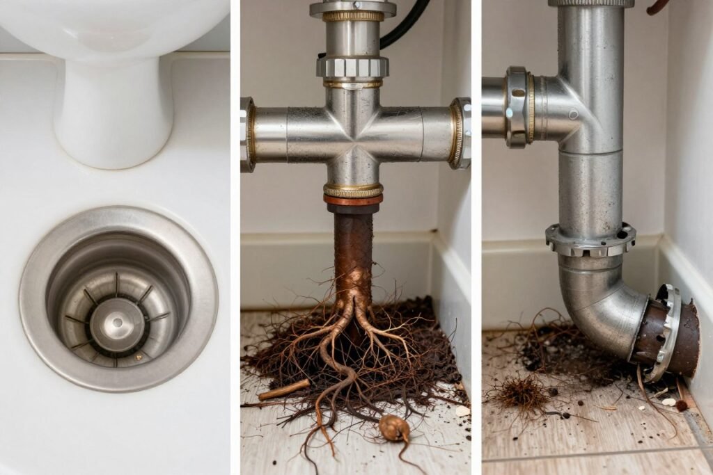 clogged drain pipes showing various blockage types