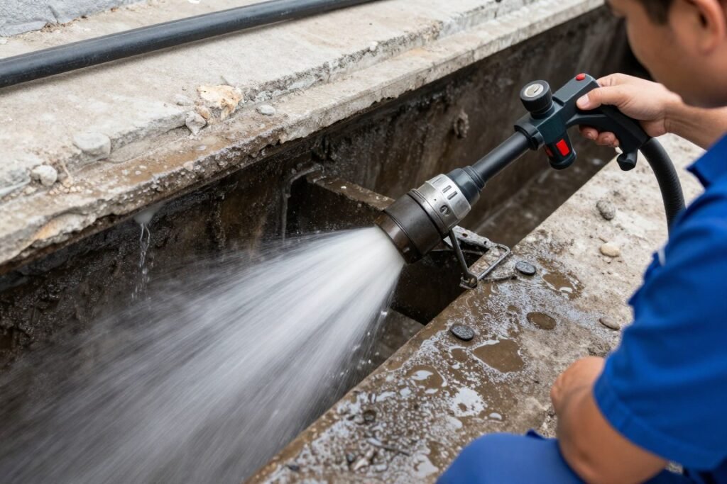 hydro jetting equipment clearing sewer line